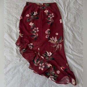 Revolve x Keepsake burgundy asymmetrical ruffle midi skirt